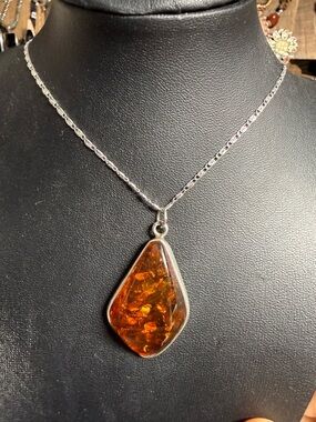 Sterling Silver Amber Teardrop Pendant Necklace - Brown